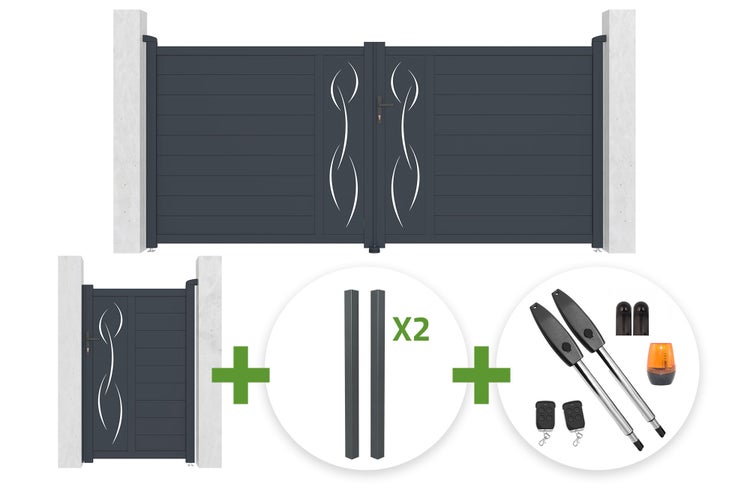 Set aus zweiflügeligem Einfahrtstor, Gartentür mit horizontalen Lamellen und Ziermuster, zwei Pfosten und elektrischem Torantrieb.