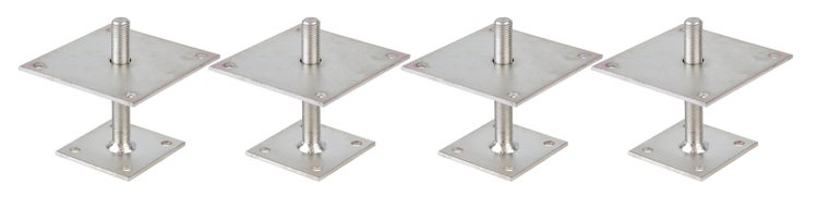 Vier verstellbare Pfostenträger aus Stahl mit quadratischen Grundplatten und Gewindestangen zur Höhenregulierung.