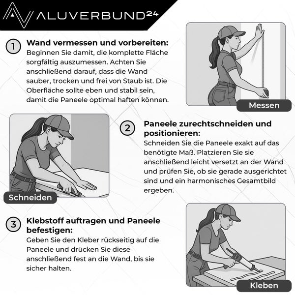 Anleitung zum Anbringen von Wandpaneelen: Wand ausmessen, Paneele zuschneiden und positionieren, Klebstoff auftragen und Paneele befestigen.