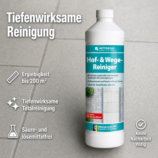 Hotrega Hof- und Wege-Reiniger Konzentrat zur tiefenwirksamen Reinigung von Stein- und Pflasterflächen, ausreichend für bis zu 200 Quadratmeter.