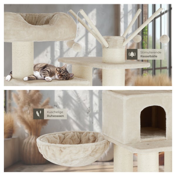 Katzenkratzbaum mit Liegemulde, Höhle und Spielzeugbällen
