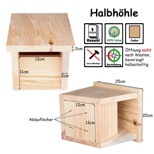 BigDean 2er Set Nistkasten für Rotkehlchen, Gartenrotschwanz & andere Vögel - Halbhöhle Brutkasten Rotschwänzchen Vogelhaus verschraubt - Massivholz aus Schreinerei