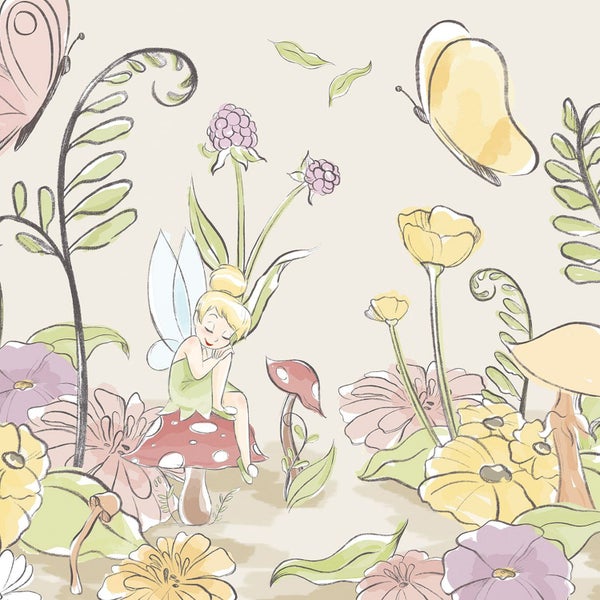Illustration mit einer Fee, die auf einem Pilz sitzt, umgeben von Blumen und Schmetterlingen.