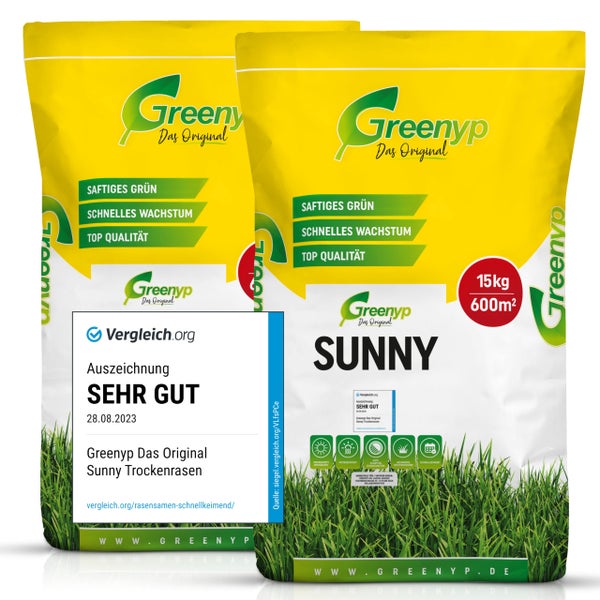 Greenyp Sunny I Dürreresistenter Trockenrasen I 30kg für 1200m² I Grassamen Rasensamen Rasensaat Gras Nachsaat schnellkeimend