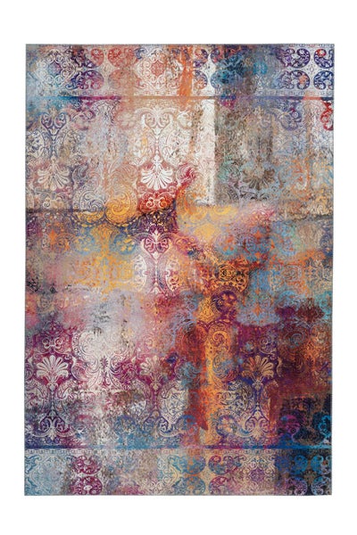 Rechteckiger Teppich mit filigranem Damastmuster im Vintage-Stil und farbenfroher Optik.