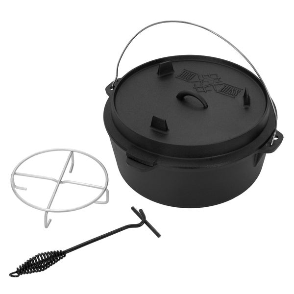 BBQ#BOSS Dutch Oven Set BBQ 13,6 Liter, Eingebrannter Feuertopf aus Gusseisen, Kochtopf mit Deckelheber und Edelstahluntersetzer, Schmortopf mit Schlitz für Themormeter, Grilltopf für Outdoor & Indoor