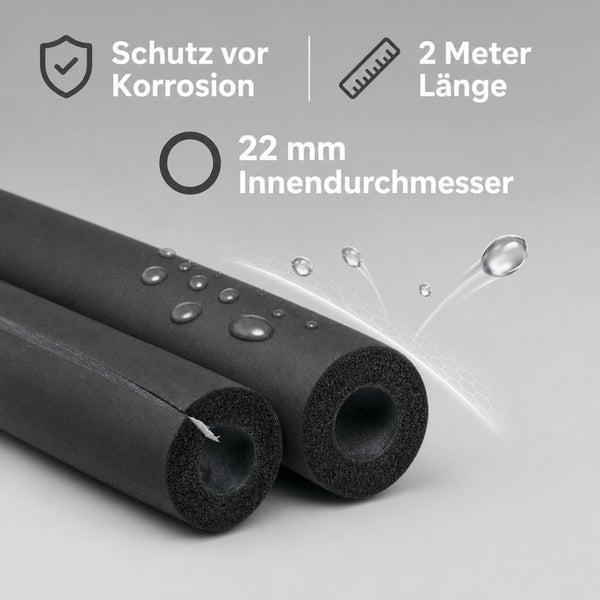 Rohrisolierung aus Schaumstoff mit Klebestreifen für die Wärmedämmung und zum Schutz vor Kondenswasser an Rohrleitungen.