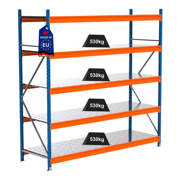 Lagerregal mit vier Ebenen und einer Traglast von 530 Kilogramm pro Ebene, versehen mit dem Made in EU Siegel