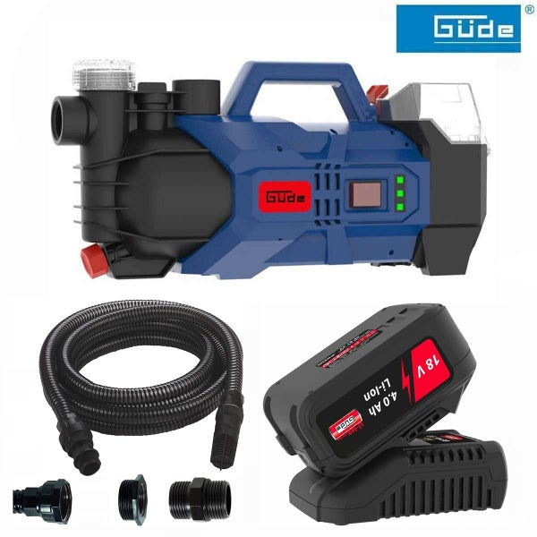 Güde Akku-Gartenpumpe Set in Blau und Schwarz mit 18 Volt Lithium-Ionen Akku, Ladegerät, Saugschlauch und Adaptern. Güde Logo.