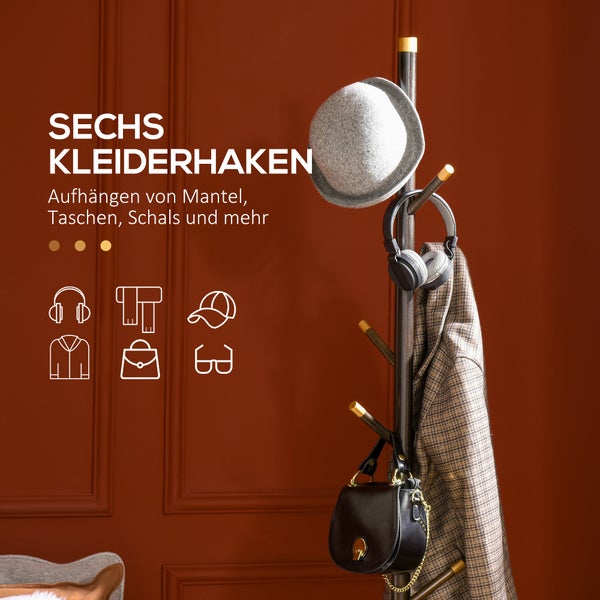 HOMCOM Garderobenständer, Garderobe mit 6 Haken, Kleiderständer, Standgarderob für Kleidung, Hüte, Flur, Eingang, Metall, Walnuss, 36 x 36 x 180 cm