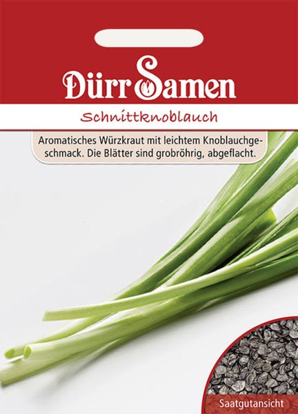 Dürr Samen Samentüte für Schnittknoblauch mit Abbildung von Kräuterhalmen und Saatgutansicht.