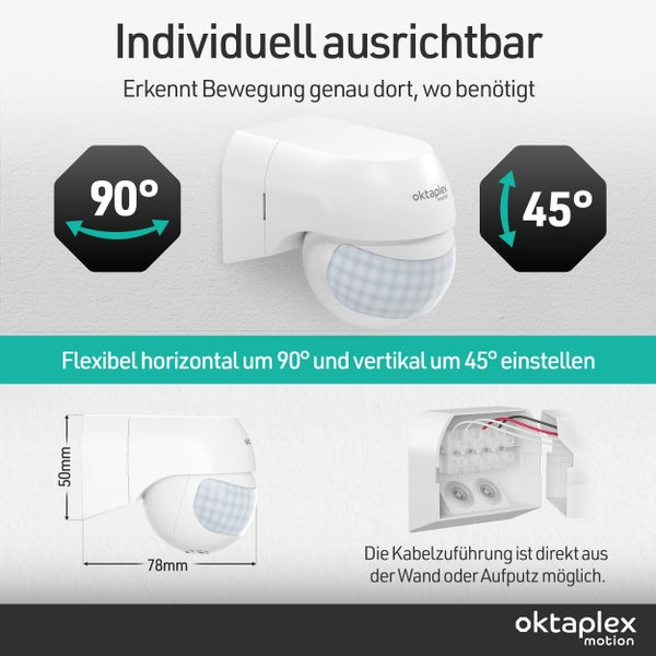 Oktaplex Motion Bewegungsmelder mit Informationen zu Einstellmöglichkeiten, Maßen von 50 mal 78 Millimeter und flexibler Kabelzuführung.