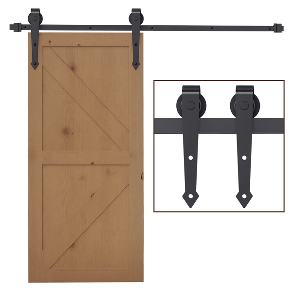 Schiebetür aus Holz im Scheunentor-Stil mit schwarzem Schiebetürsystem aus Metall und Detailansicht der Laufrollen.