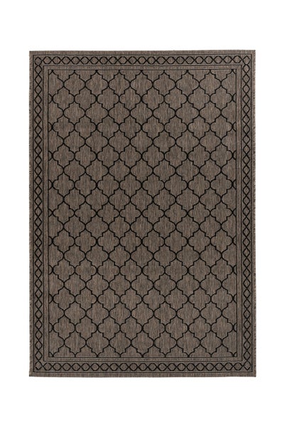 Rechteckiger Teppich für innen und außen mit geometrischem Gittermuster und dekorativer Bordüre.