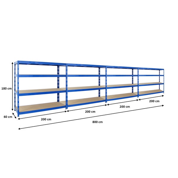 PROREGAL Mega Deal 4x Profi Schwerlastregal Rhino HxBxT 180 x 200 x 60 cm 4 Spanplatten-Ebenen 16mm Fachlast 500 kg Blau