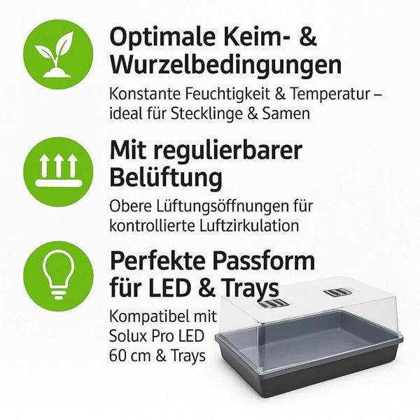 Zimmergewächshaus für Stecklinge und Samen mit regulierbarer Belüftung, kompatibel mit LED-Beleuchtung 60 Zentimeter und Anzuchtschalen.