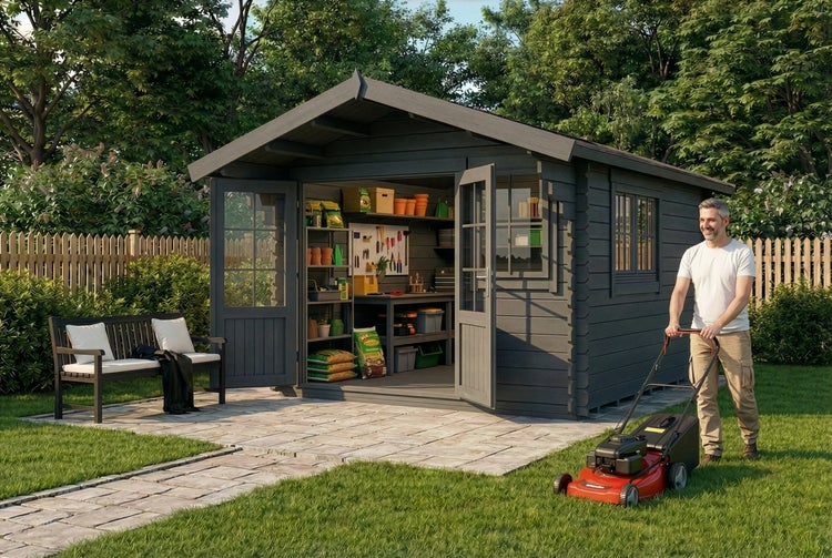 Dunkelgraues Gartenhaus aus Holz mit offener Doppeltür, eingerichtetem Innenraum, Mann beim Rasenmähen und einer Gartenbank auf einer Terrasse.