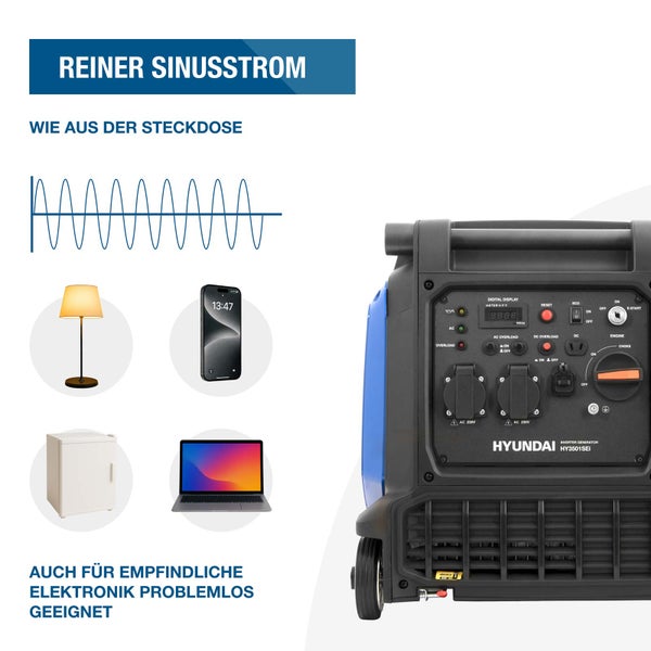 Hyundai Inverter Stromerzeuger HY3501SEI mit reiner Sinuswelle für empfindliche Elektronik wie Laptop und Smartphone.