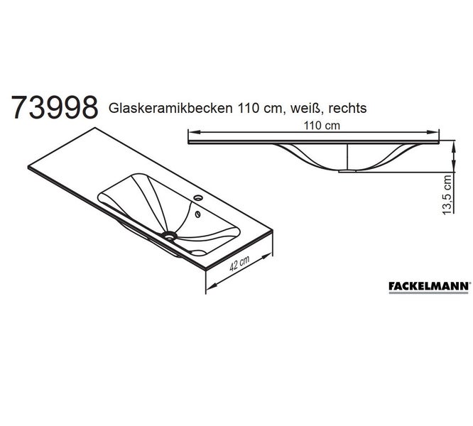 Fackelmann Logo, technische Zeichnung Glaskeramikbecken, Breite 110 Zentimeter, Becken rechts, Tiefe 42 Zentimeter, Höhe 13,5 Zentimeter.