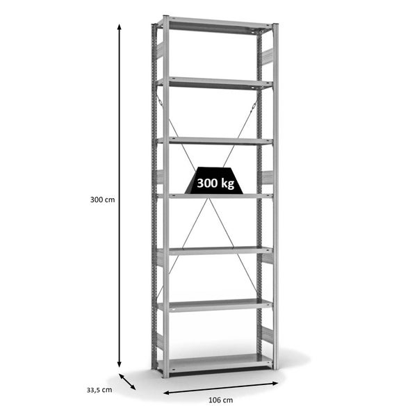 PROREGAL Fachbodenregal Stecksystem T-Profil Heavy-Duty Grundregal HxBxT 300 x 100 x 30 cm 7 Ebenen Fachlast 300 kg Einseitig Nutzbar Verzinkt