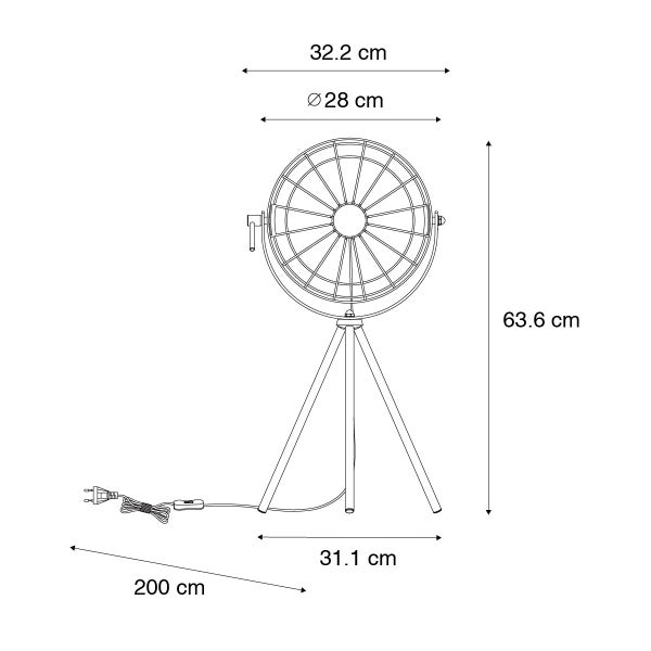 Technische Zeichnung einer Stativleuchte mit den Maßangaben: Höhe 63,6 cm, Durchmesser des Lampenschirms 28 cm, Breite des Lampenschirms 32,2 cm, Breite des Stativs 31,1 cm und Kabellänge 200 cm.