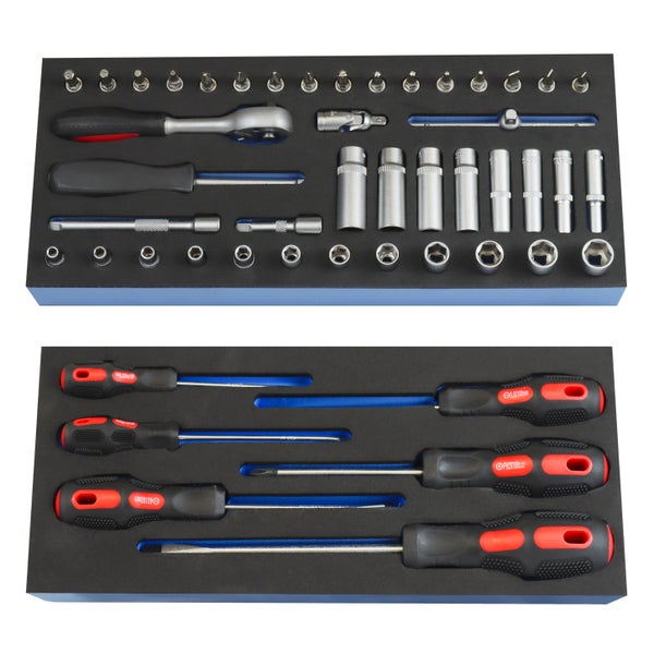PROREGAL Werkzeug Set Werkstattwagen Cheetah 115 Teile mit Schaumstoff Schubladeneinlage HxBxT 4,6 x 34 x 12,5 cm