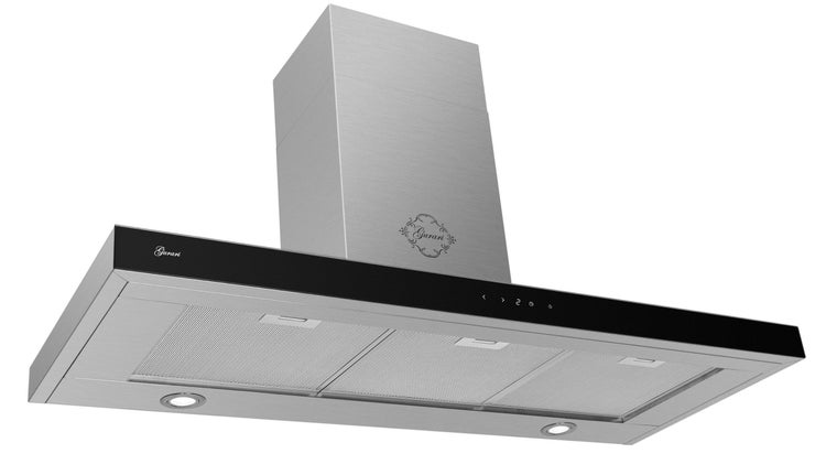 Gurari Wand-Dunstabzugshaube aus Edelstahl mit schwarzem Touch-Bedienfeld, LED-Beleuchtung und Metallfettfiltern.