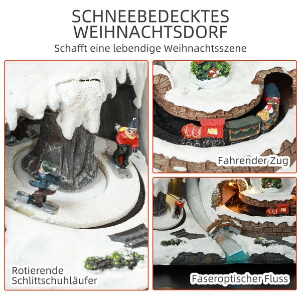 HOMCOM Weihnachtsdorf Weihnachtsstadt mit LED-Leuchtung, Musik, Häuser, Eisläufer, rotierende Eisläufer und beweglicher Zug, Winterlandschaft für Weihnachten, Mehrfarbig
