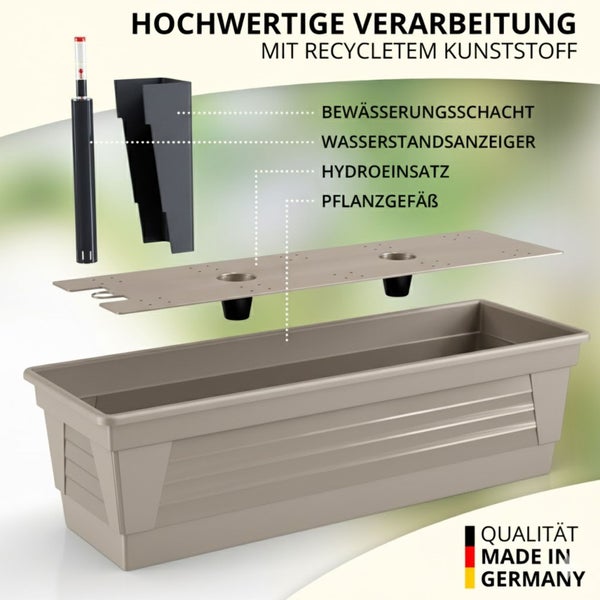 Pflanzgefäß aus recyceltem Kunststoff mit Bewässerungssystem, Hydroeinsatz, Bewässerungsschacht und Wasserstandsanzeiger. Made in Germany Logo.