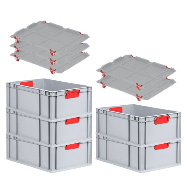 PROREGAL Spar Set 5x Eurobox Nextgen Color Mit Auflagedeckel & Schiebeschnappverschlüsse HxBxT 22 x 40 x 60 cm Griffe Rot Verstärkter Boden