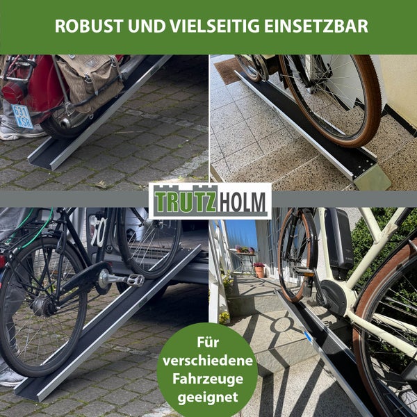 Trutzholm Auffahrrampe aus Aluminium in vier Anwendungsbeispielen für Fahrräder und Motorroller zur Überwindung von Stufen oder zum Verladen.