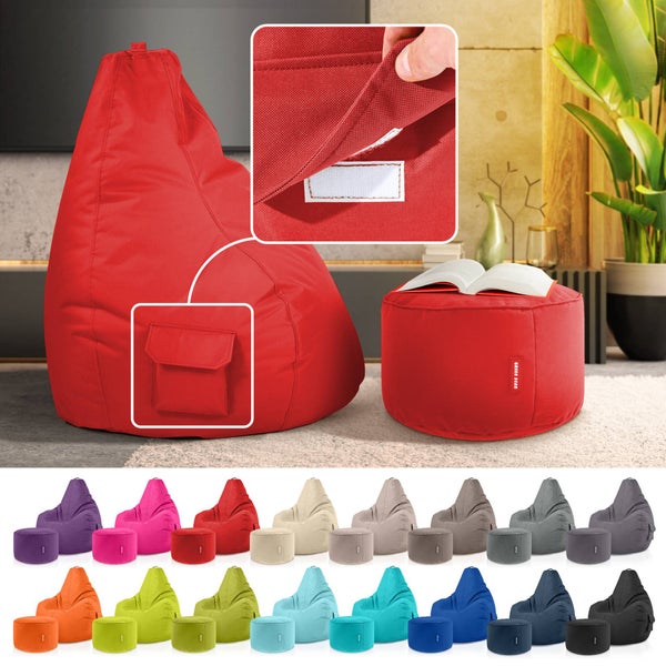 Green Bean 2er Set Sitzsack + Hocker - fertig befüllt - robust waschbar schmutzabweisend - Kinder & Erwachsene Bean Bag Bodenkissen Lounge Sitzhocker Relax-Sessel Gamer Gamingstuhl Pouf - Rot