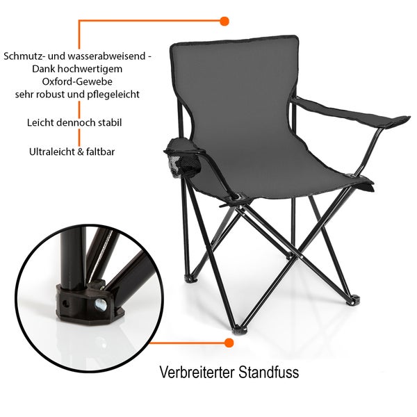 Faltbarer Campingstuhl mit Getränkehalter und breitem Standfuß.
