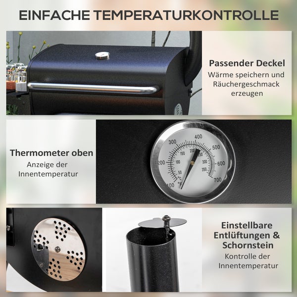 Outsunny Holzkohlegrill, Grillwagen mit Deckel, Ablagen Campinggrill mit Rädern, 83L x 46,5B x 115H cm, Edelstahl, Schwarz