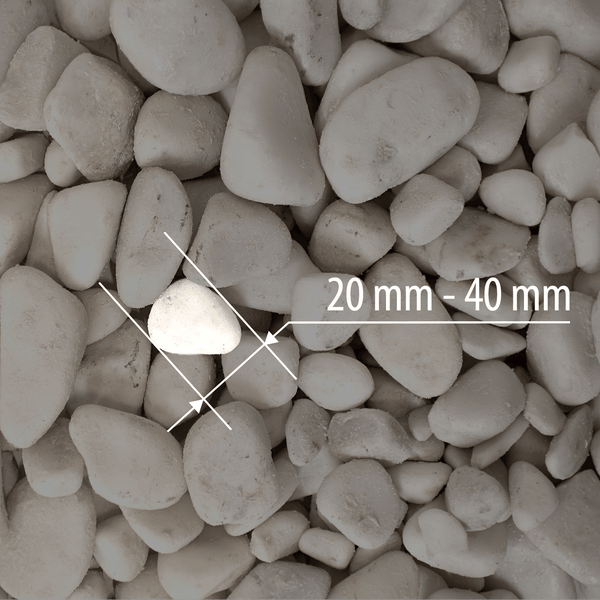 Weiße Zierkiesel mit einer Körnung von 20 Millimeter bis 40 Millimeter.