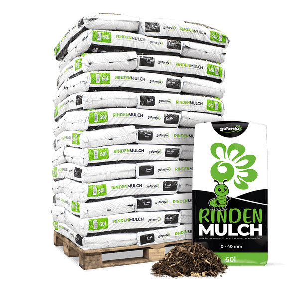 Galamio Rindenmulch auf Palette, 60 Liter pro Sack, Körnung 0 bis 40 Millimeter, mit Einzelpackung und losem Mulch davor.