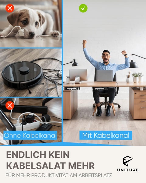 Vergleich zwischen ungeordneten Kabeln und einem organisierten Schreibtisch mit UNITURE Kabelkanal für mehr Sicherheit. Uniture Logo.