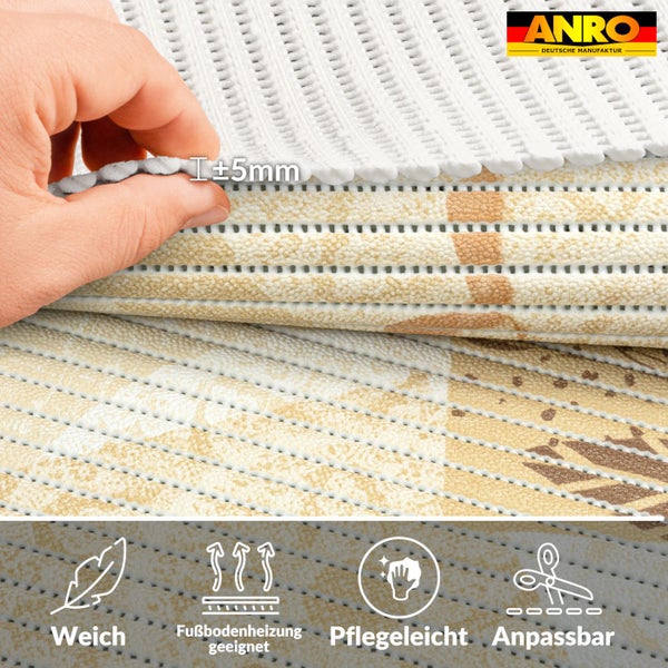 ANRO Logo. Eine Hand hebt die Ecke einer circa 5 Millimeter dicken Matte an. Symbole zeigen: weich, geeignet für Fußbodenheizung, pflegeleicht und zuschneidbar.