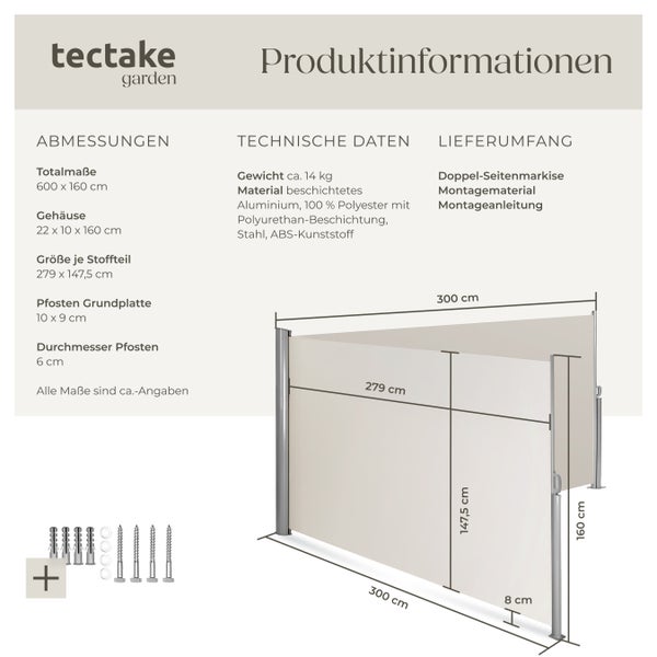 Doppel-Seitenmarkise tectake  160 x 600 cm aus Aluminium beige