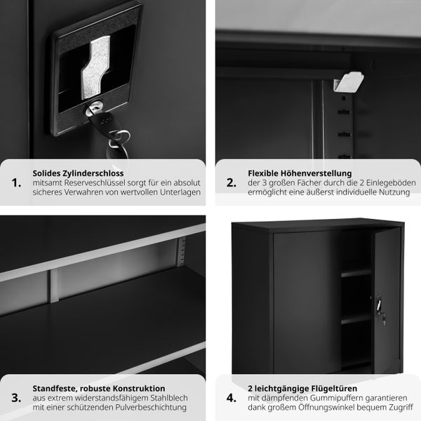 Aktenschrank tectake  90 x 40 x 90 cm aus pulverbeschichtetem Stahl schwarz