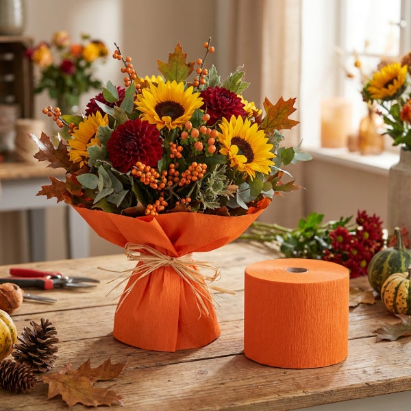 Herbstlicher Blumenstrauß mit Sonnenblumen, Dahlien und Beeren sowie eine Rolle Krepppapier auf einem Holztisch.