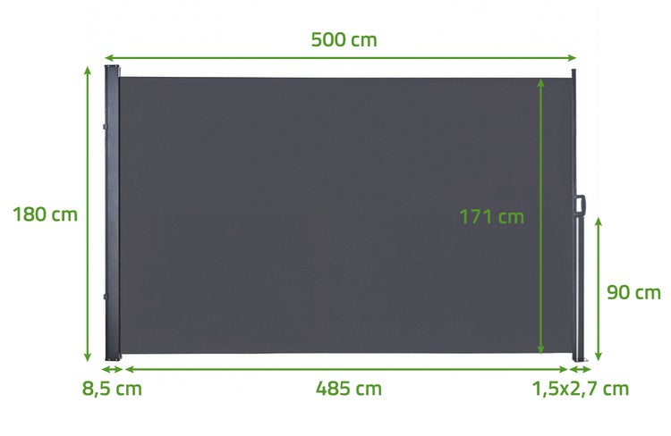 Seitenmarkise mit Maßangaben: Gesamthöhe 180 Zentimeter, Gesamtbreite 500 Zentimeter, Tuchhöhe 171 Zentimeter, Tuchbreite 485 Zentimeter.
