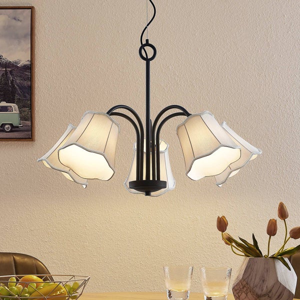 Lucande Pendelleuchte Binta (Retro, Vintage Antik) in Alu aus Textil (5 flammig E14) - Hängeleuchte Esstischlampe Hängelampe Wohnzimmerleuchte