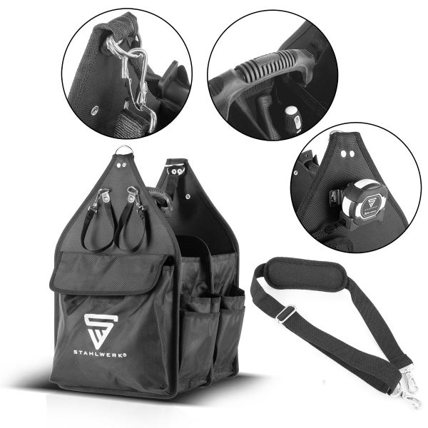 Werkzeugtasche mit 11 Außentaschen und 2 großen Innenfächern