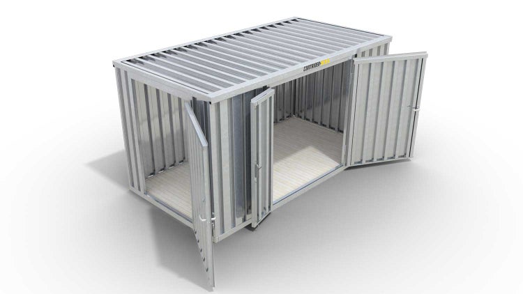 Lagercontainer Gerätehaus M  – 6 qm, H2150 x B3050 x T2170 mm, verzinkt, mit Holzfußboden, 1830 mm Doppelflügeltür mittig in Breitseite und 1270 mm Einflügeltür mittig in Stirnseite, zerlegt