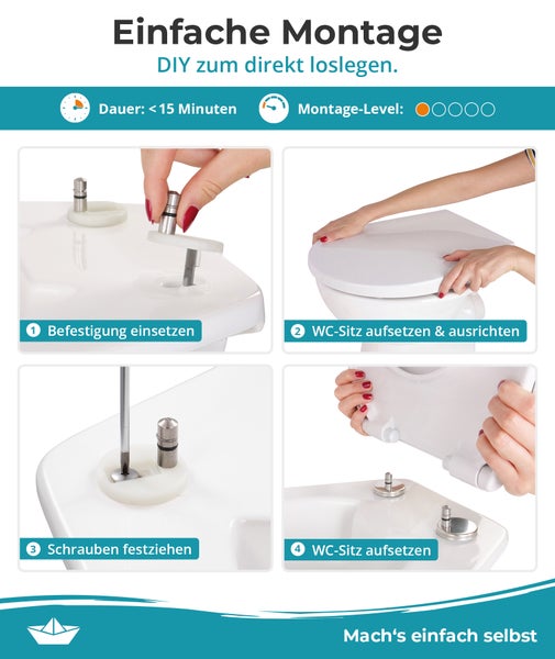 Anleitung zur Montage eines WC-Sitzes in vier Schritten, inklusive Zeitangabe und Schwierigkeitsgrad, auf weißem Untergrund.