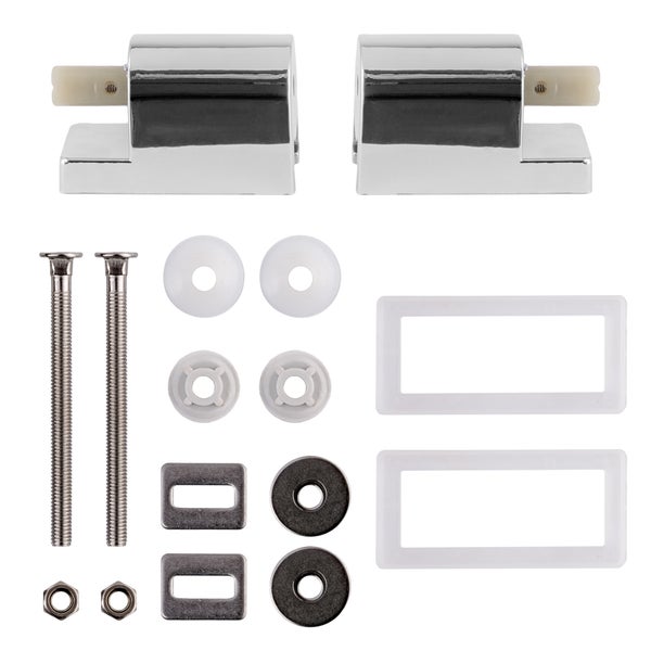 WC-Sitz Befestigungsset aus verchromtem Metall und Kunststoff inklusive Scharnieren, Schrauben, Muttern und Dichtungen