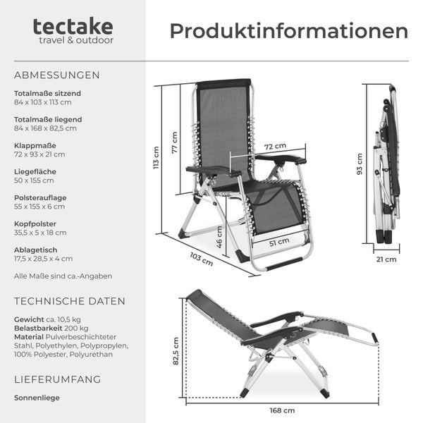 Sonnenliege tectake Cloud 84 x 168 x 82,5 cm, mit Ablagetisch klappbar hellgrau