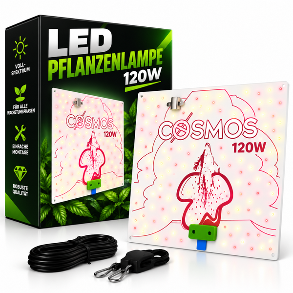 LED Pflanzenlampe Cosmos 120 Watt mit Vollspektrum, Montageset und Netzkabel in der Produktverpackung
