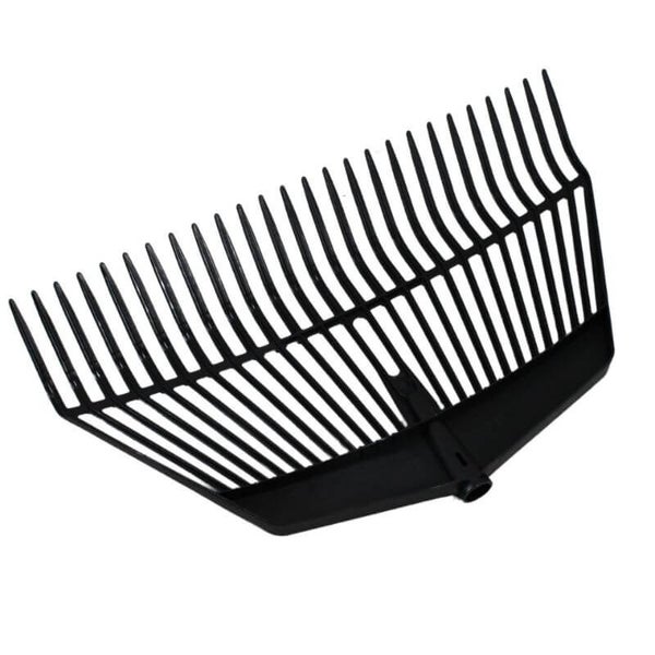 Schwarzer Rechenkopf aus Kunststoff mit vielen gebogenen Zinken für Garten- und Stallarbeiten.